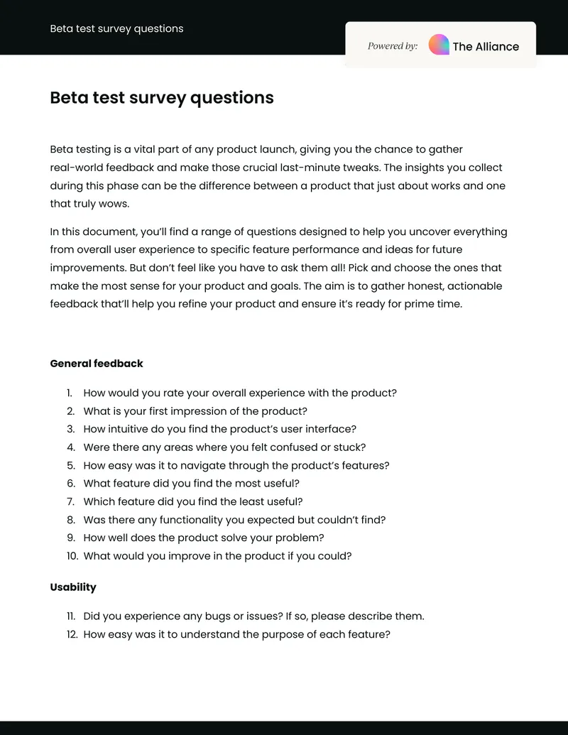 Beta Test Survey Questions for Product Feedback preview page 1