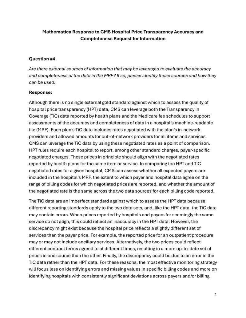 Response to CMS Hospital Price Transparency Inquiry preview page 1