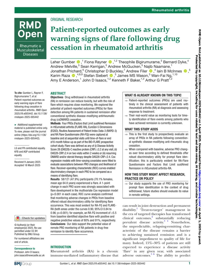 Patient-Reported Outcomes for Flare Detection in Rheumatoid Arthritis preview page 1