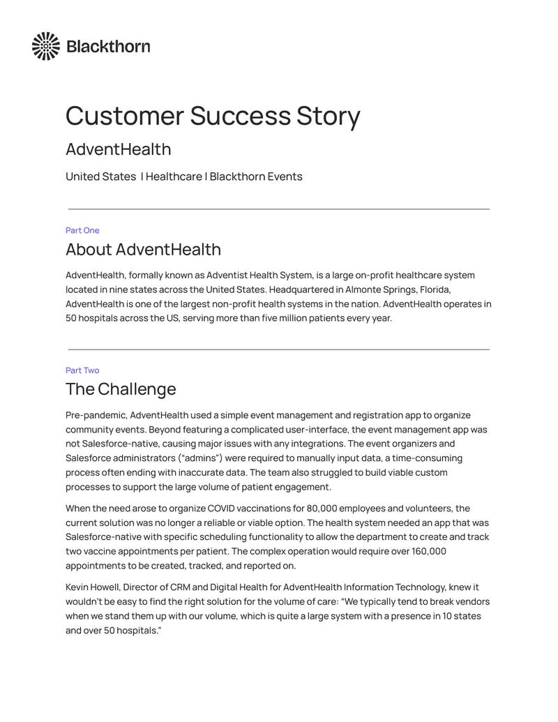 AdventHealth Vaccine Appointment Management Case Study preview page 1