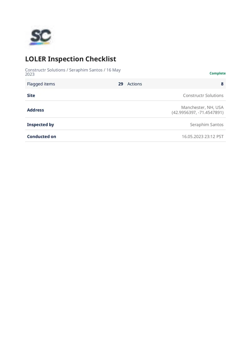 LOLER Inspection Checklist and Findings preview page 1