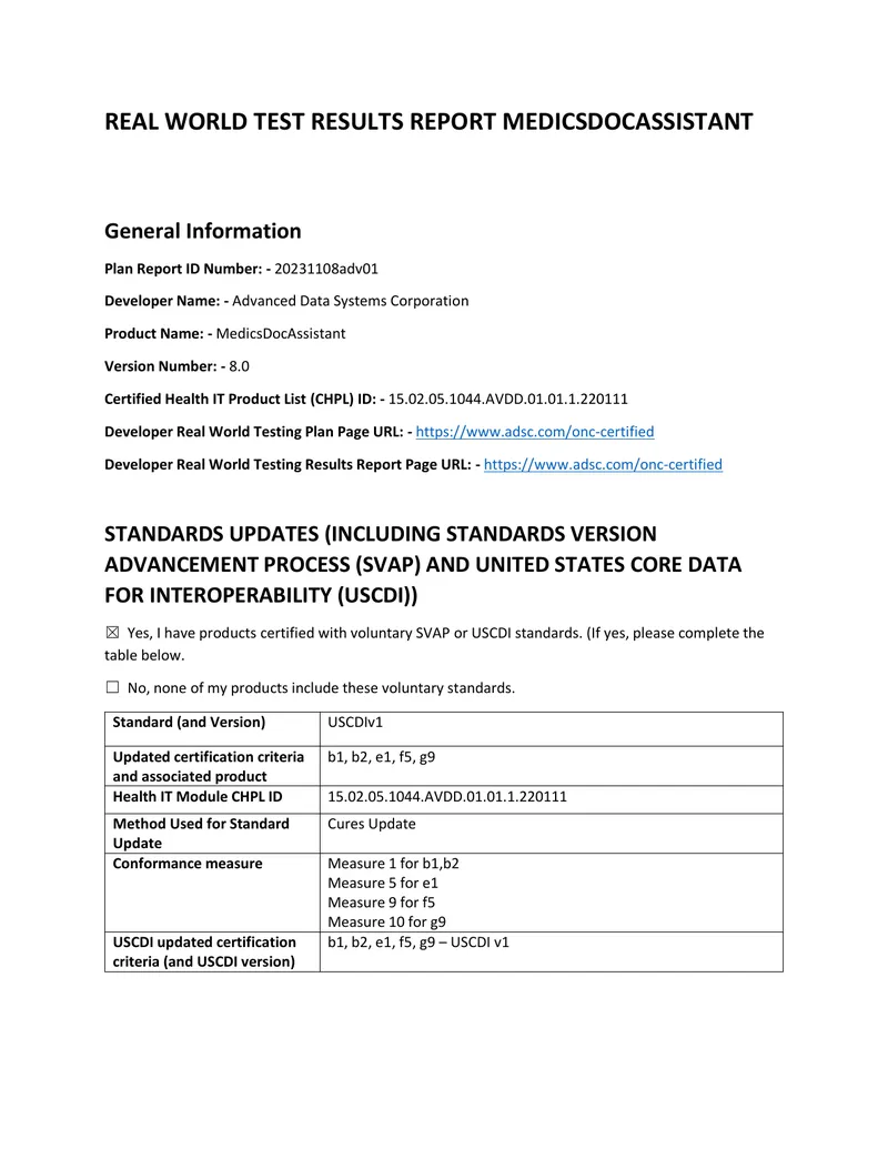 Real World Test Results Report for MedicsDocAssistant preview page 1