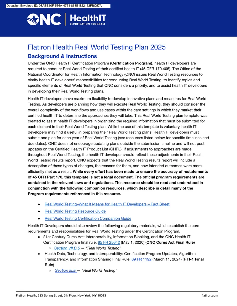 Flatiron Health Real World Testing Plan 2025 preview page 1