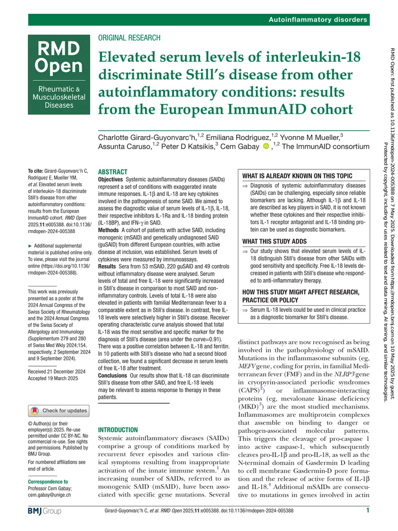 Interleukin-18 Levels in Still's Disease Diagnosis preview page 1