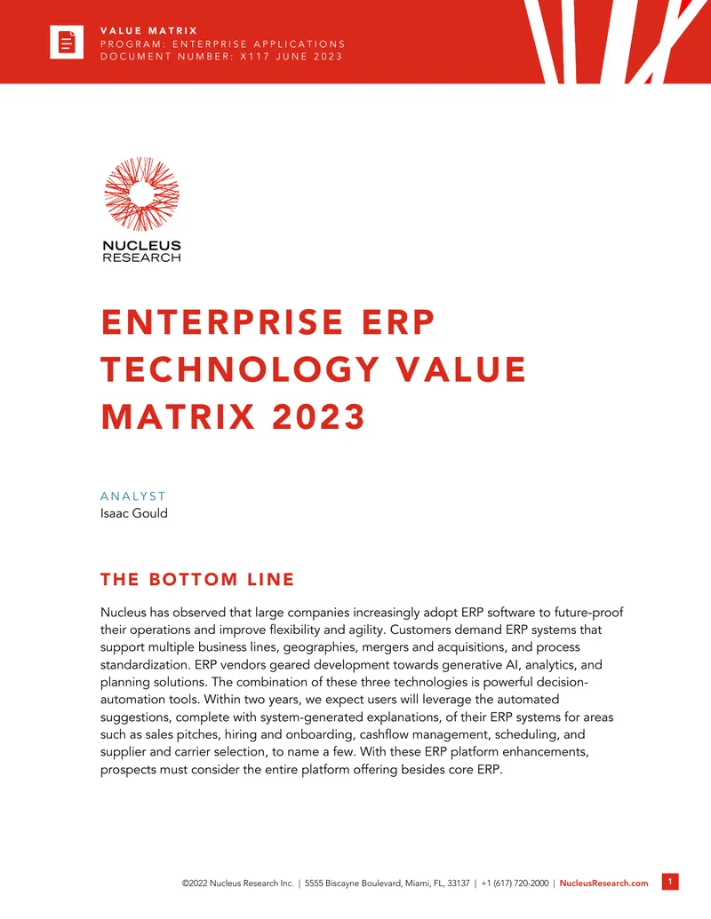 Enterprise ERP Technology Value Matrix 2023 preview page 1