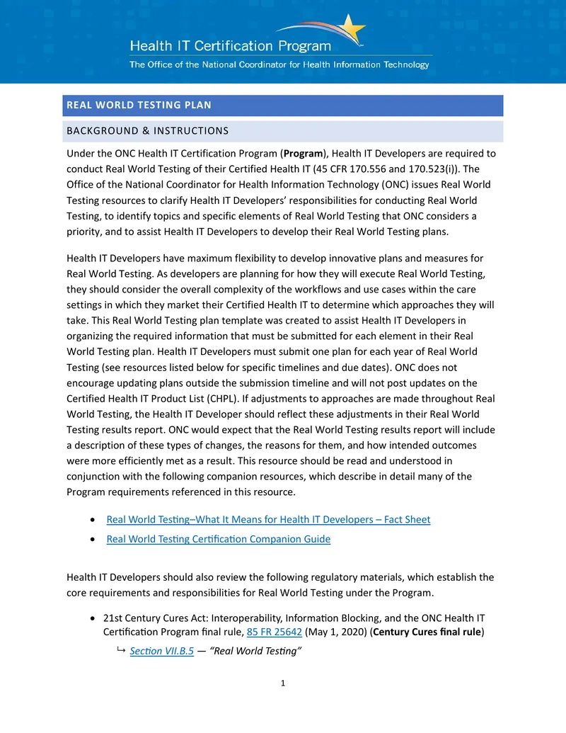 Real World Testing Plan for Certified Health IT preview page 1