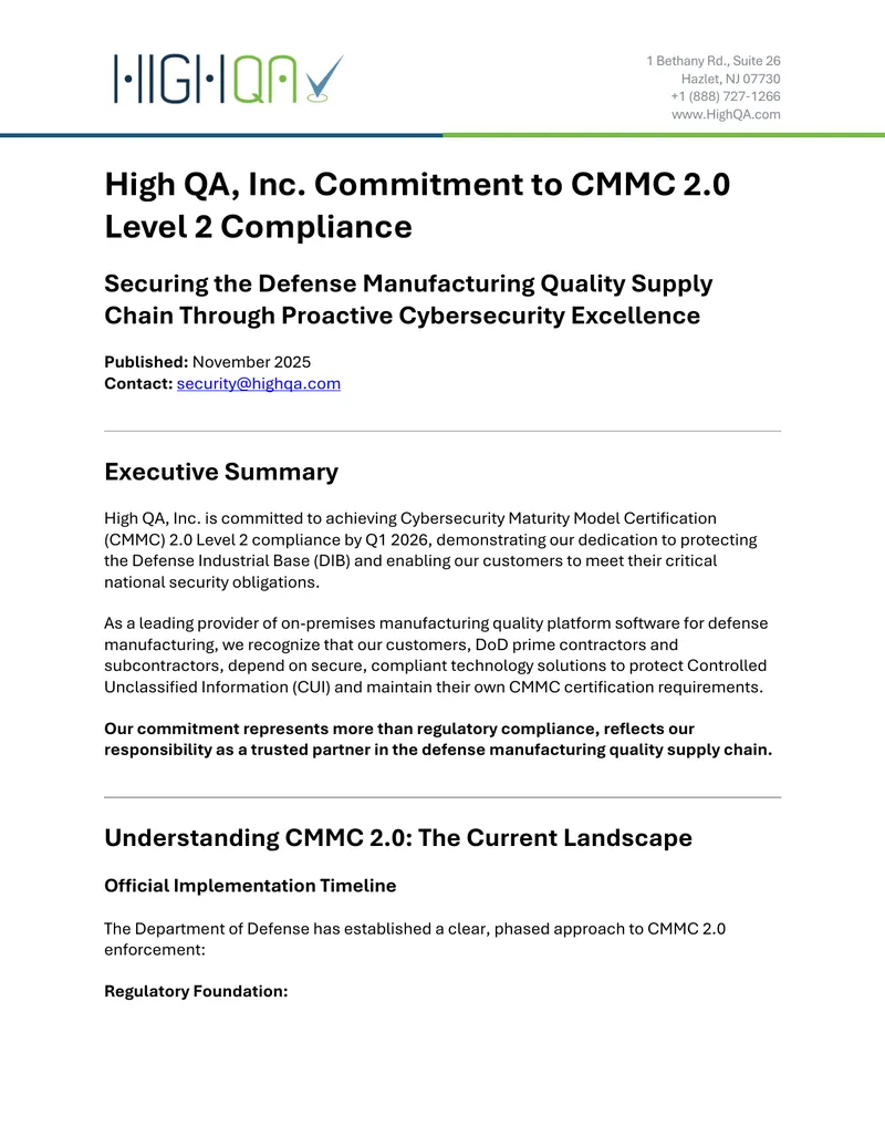 High QA Commitment to CMMC 2.0 Level 2 Compliance preview page 1