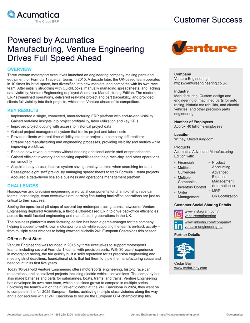 Venture Engineering Acumatica Implementation Case Study preview page 1