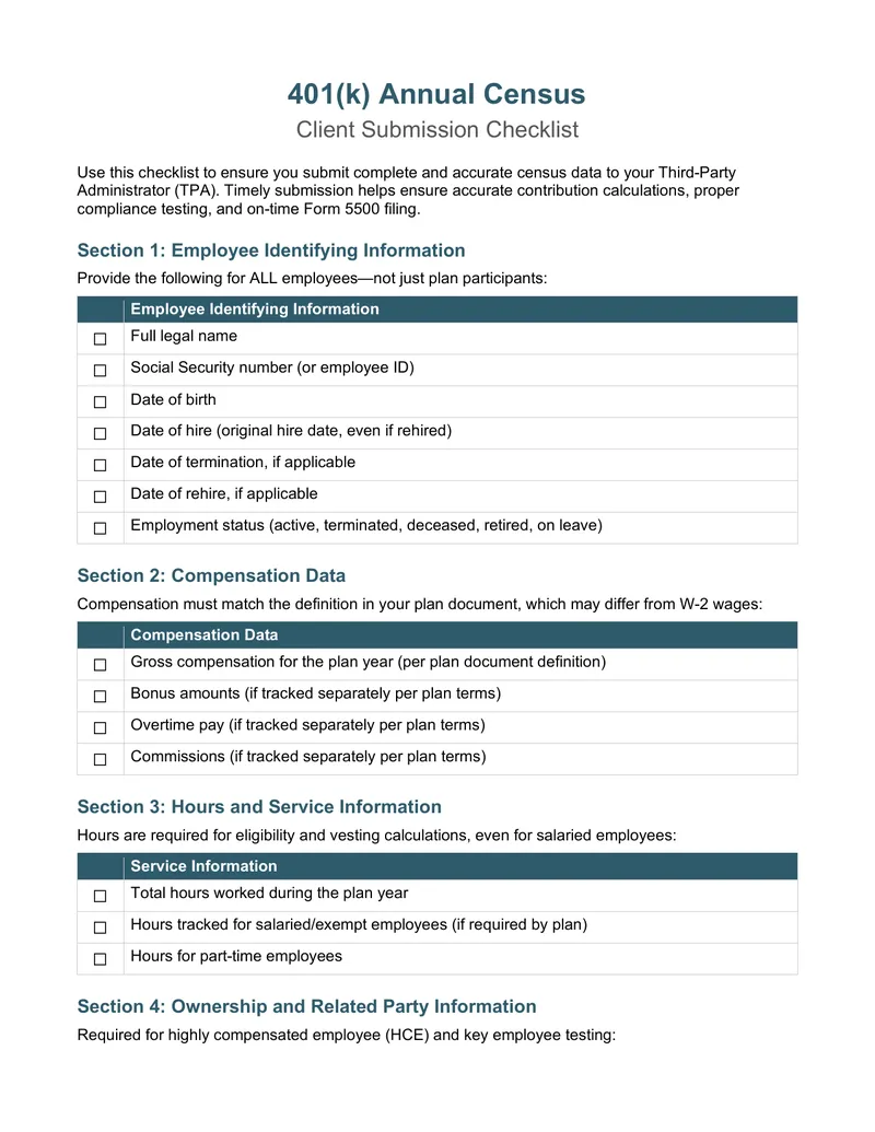 401(k) Annual Census Client Submission Checklist preview page 1