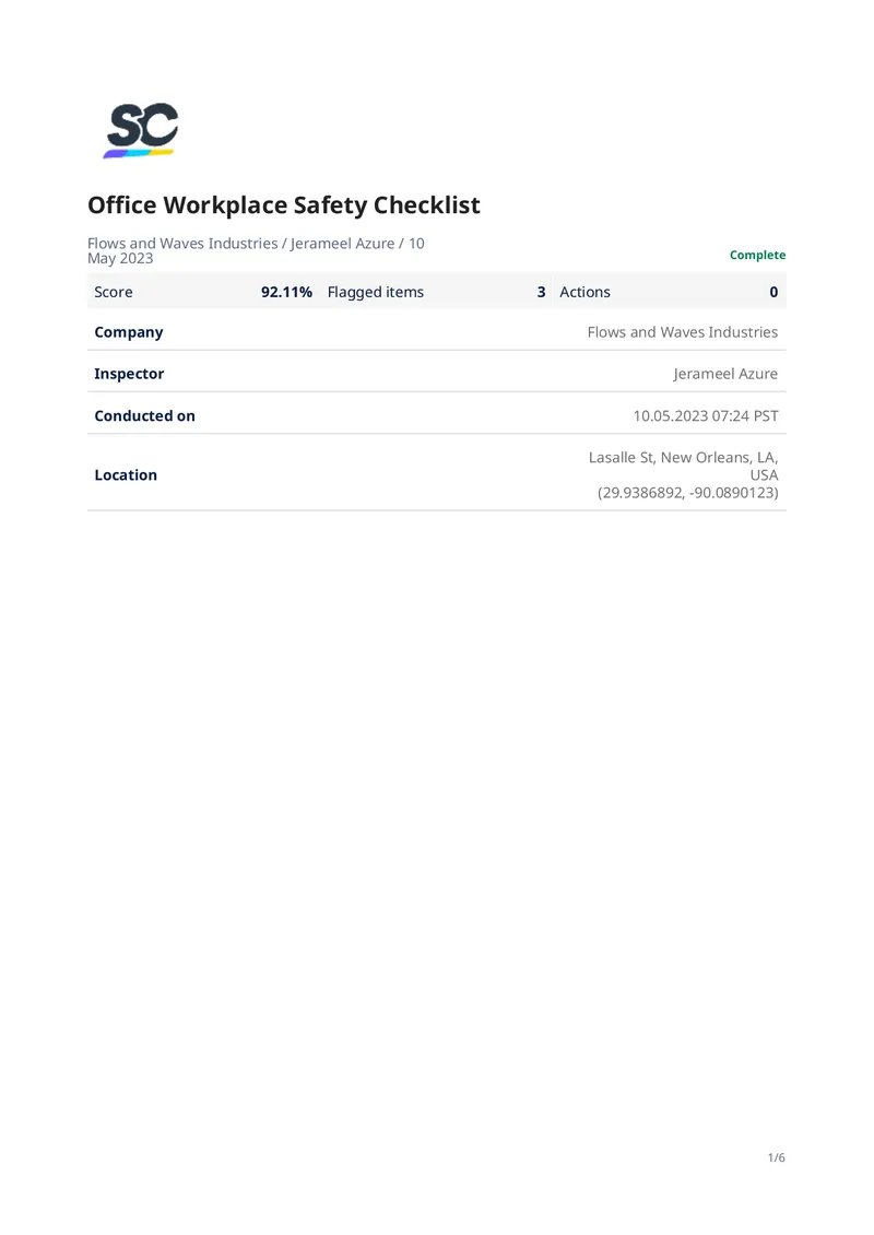 Office Workplace Safety Checklist preview page 1