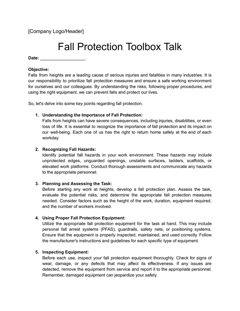 Fall Protection Toolbox Talk Guidelines preview page 1