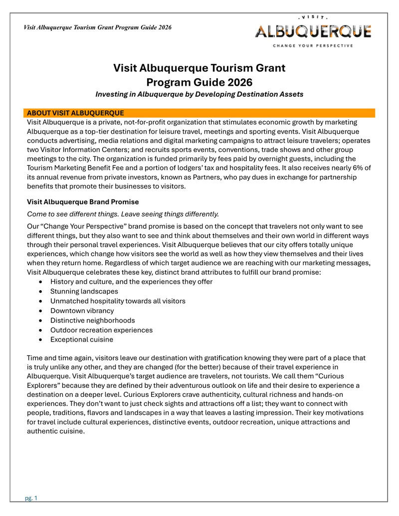 Visit Albuquerque Tourism Grant Program Guide 2026 preview page 1