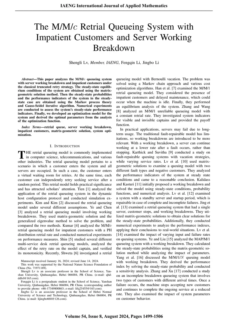 Analysis of M/M/c Retrial Queueing System preview page 1
