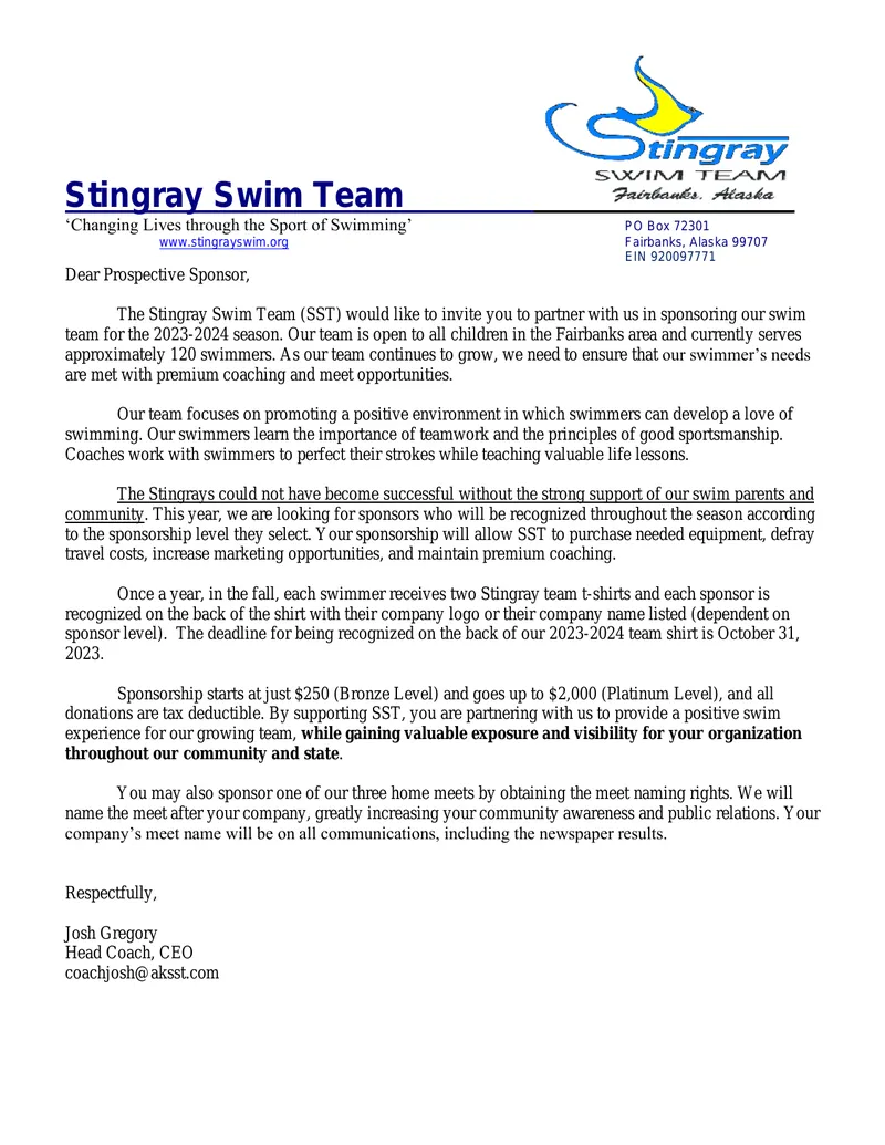 Stingray Swim Team Sponsorship Opportunities preview page 1
