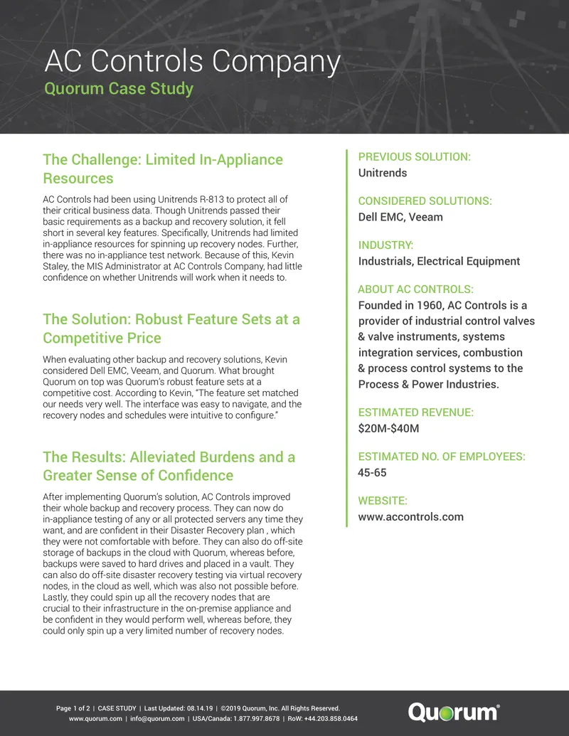 AC Controls Company Case Study on Backup Solutions preview page 1