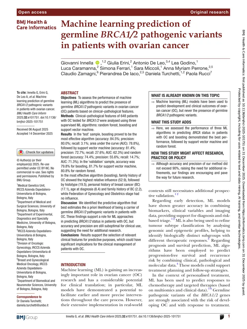 Machine Learning Prediction of BRCA1/2 Variants in Ovarian Cancer preview page 1