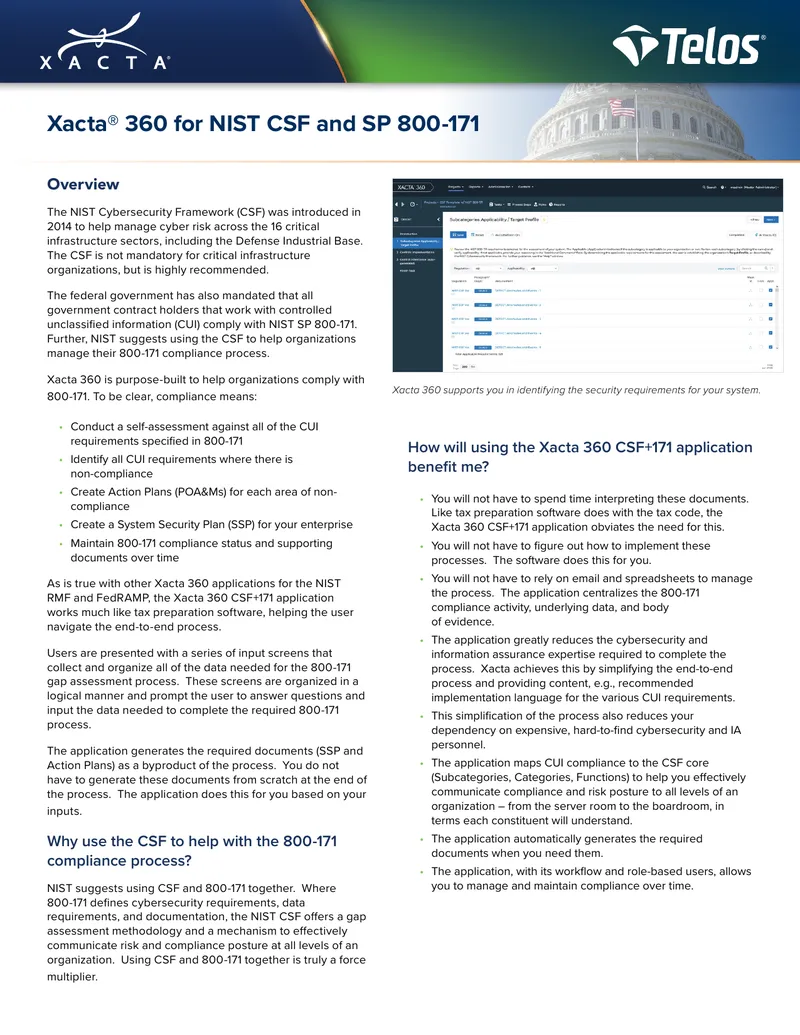 Xacta 360 Application for NIST CSF and SP 800-171 Compliance preview page 1