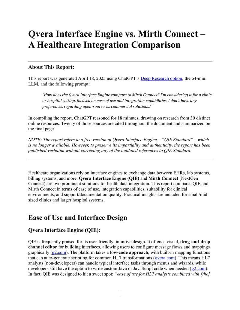 Qvera Interface Engine and Mirth Connect Comparison Report preview page 1