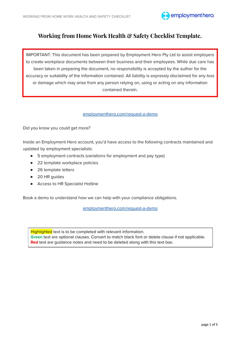 Working from Home Health and Safety Checklist preview page 1