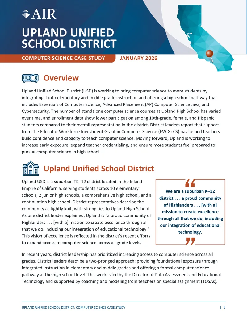 Upland Unified School District Computer Science Case Study preview page 1