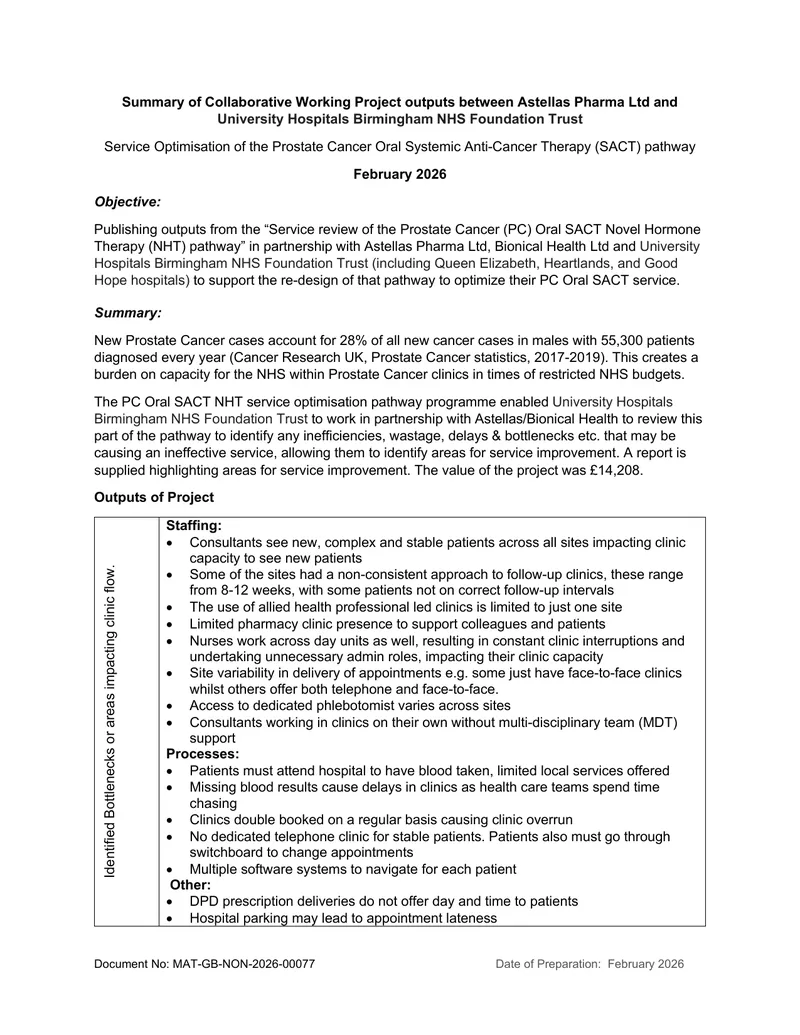 Prostate Cancer Oral SACT Pathway Service Optimization Report preview page 1