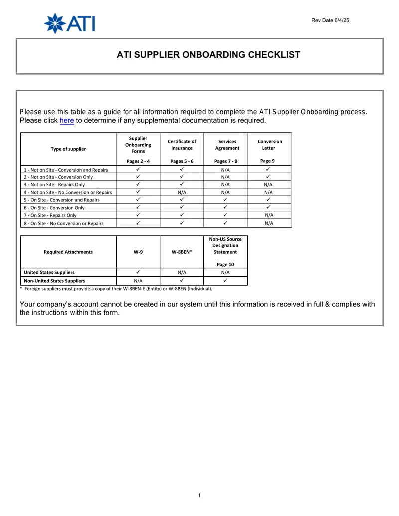 ATI Supplier Onboarding Checklist preview page 1