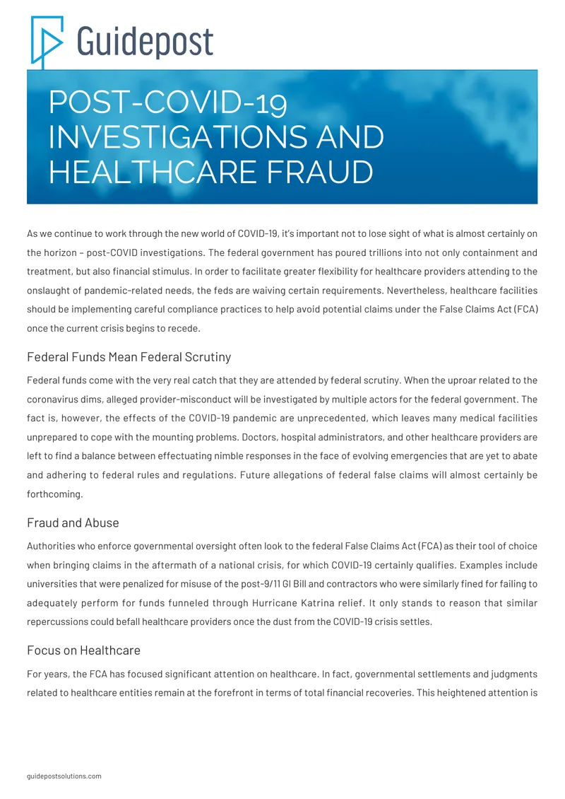 Post-COVID-19 Investigations and Healthcare Fraud Guide preview page 1