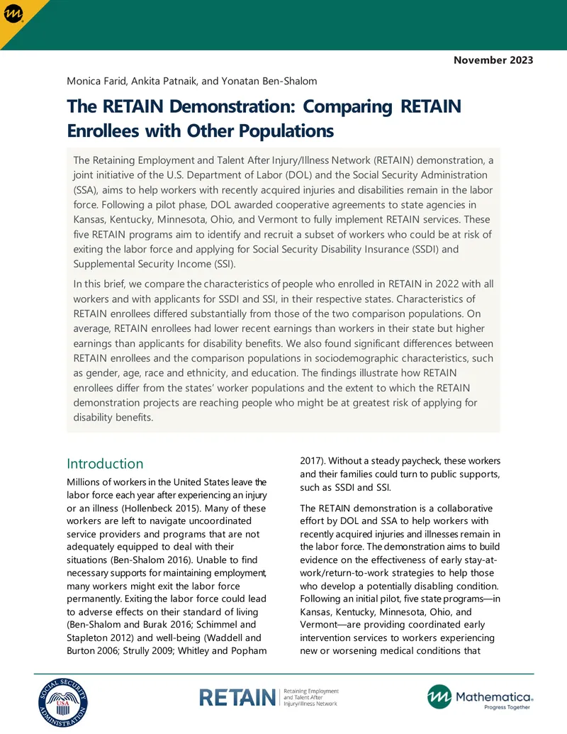 RETAIN Demonstration Comparison of Enrollees and Other Populations preview page 1