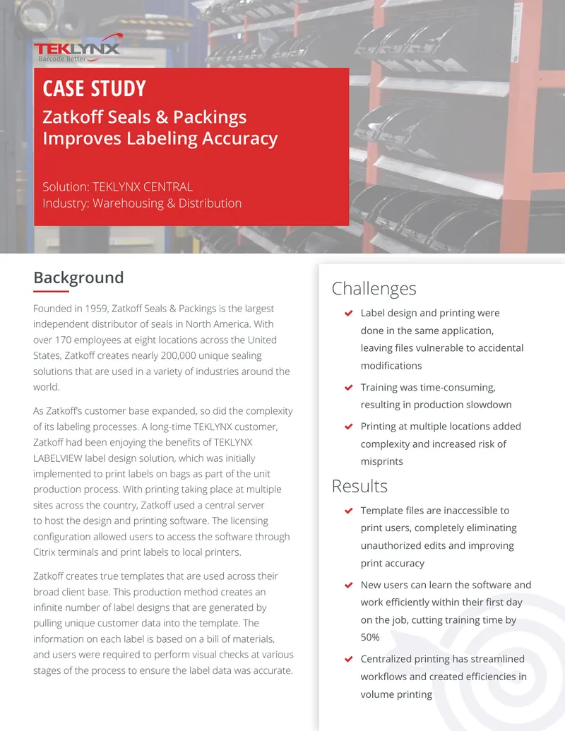 Zatkoff Seals & Packings Labeling Solution Case Study preview page 1