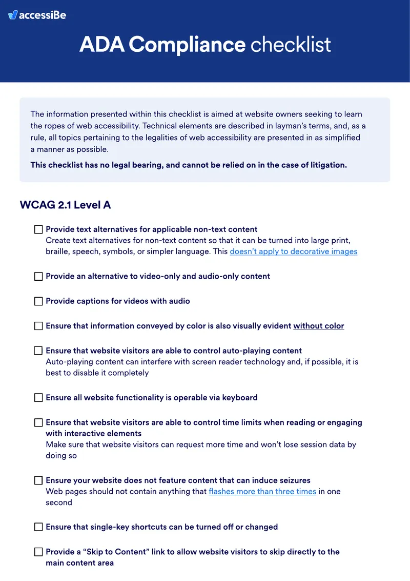 ADA Compliance Web Accessibility Checklist preview page 1