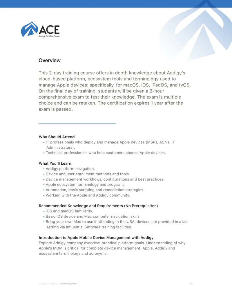 Addigy Certified Expert Course Outline preview page 1