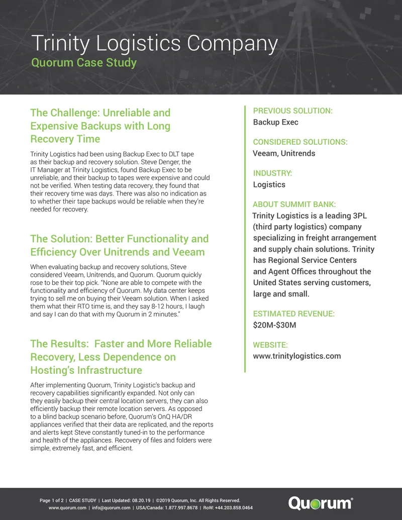 Trinity Logistics Company Backup and Recovery Case Study preview page 1