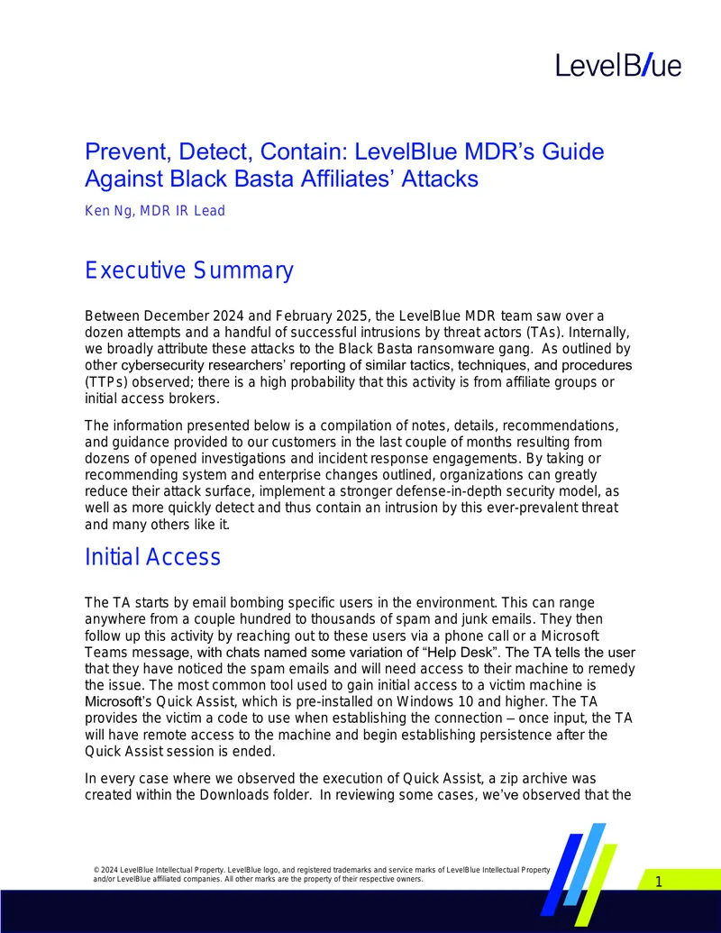 LevelBlue MDR Guide Against Black Basta Attacks preview page 1