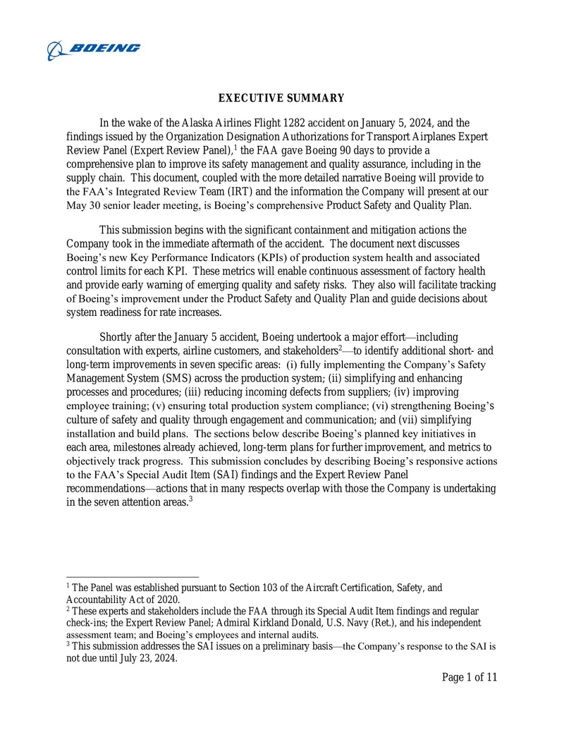 Boeing Product Safety and Quality Improvement Plan preview page 1