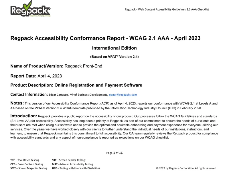Regpack Web Content Accessibility Guidelines 2.1 AAA Checklist preview page 1