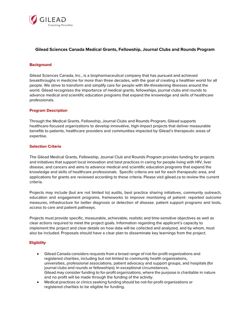 Gilead Sciences Canada Medical Grants Program Overview preview page 1