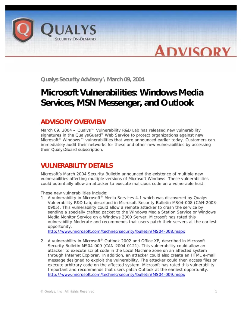 Qualys Security Advisory for Microsoft Vulnerabilities March 2004 preview page 1
