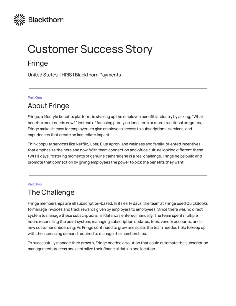 Fringe Customer Success Story with Blackthorn Payments preview page 1