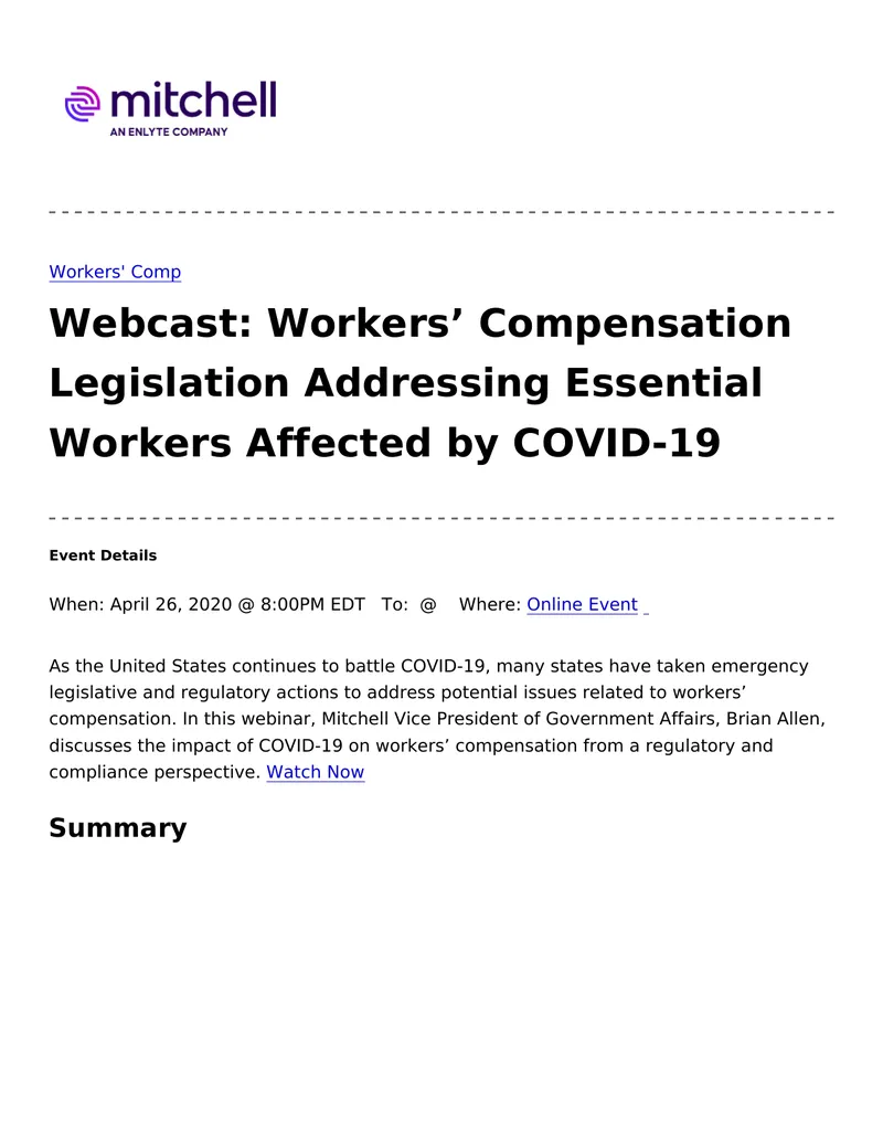 Workers' Compensation Legislation Addressing COVID-19 preview page 1