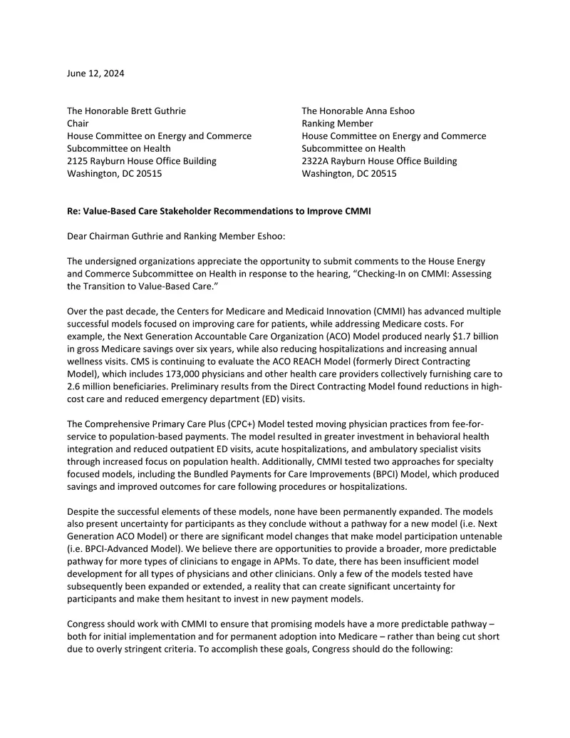 Value-Based Care Stakeholder Recommendations to Improve CMMI preview page 1