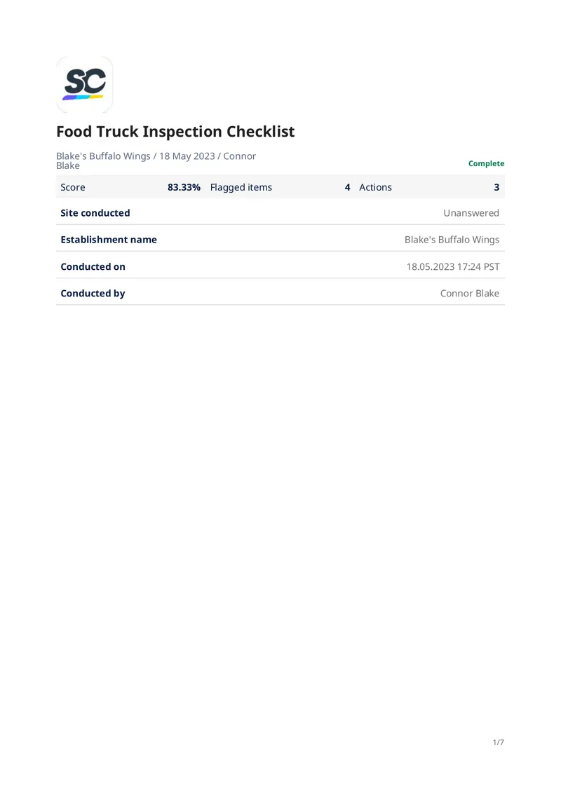 Food Truck Inspection Checklist Report preview page 1