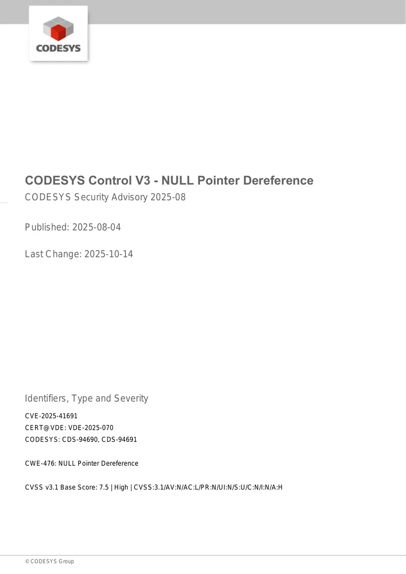 CODESYS Control V3 NULL Pointer Dereference Advisory preview page 1