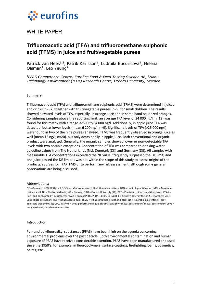 Presence of TFA and TFMS in Juices and Purees preview page 1