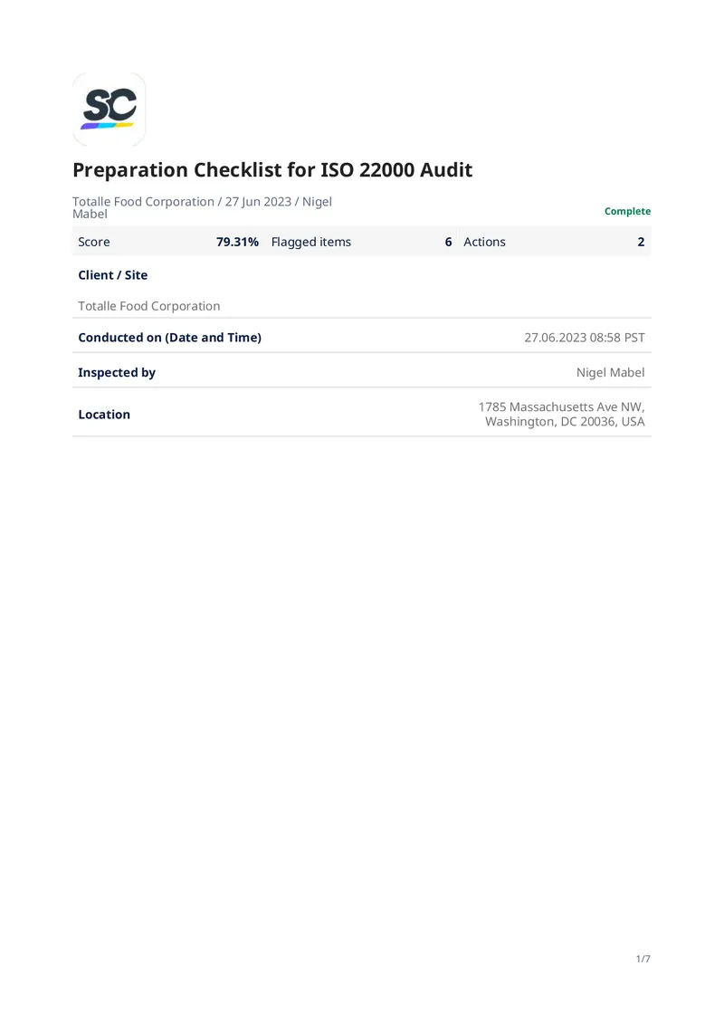 Preparation Checklist for ISO 22000 Audit preview page 1