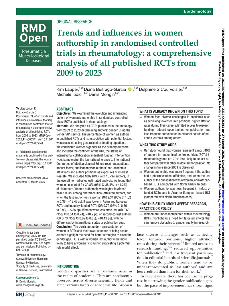Trends in Women Authorship in Rheumatology Trials preview page 1