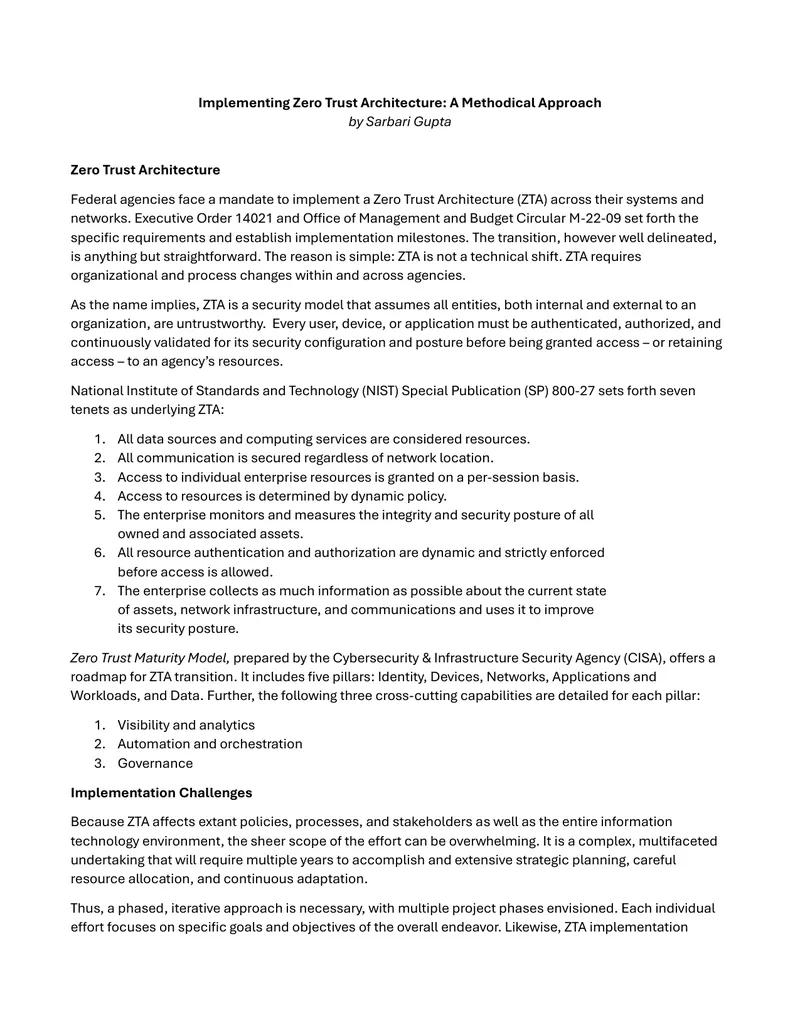 Implementing Zero Trust Architecture Methodology preview page 1