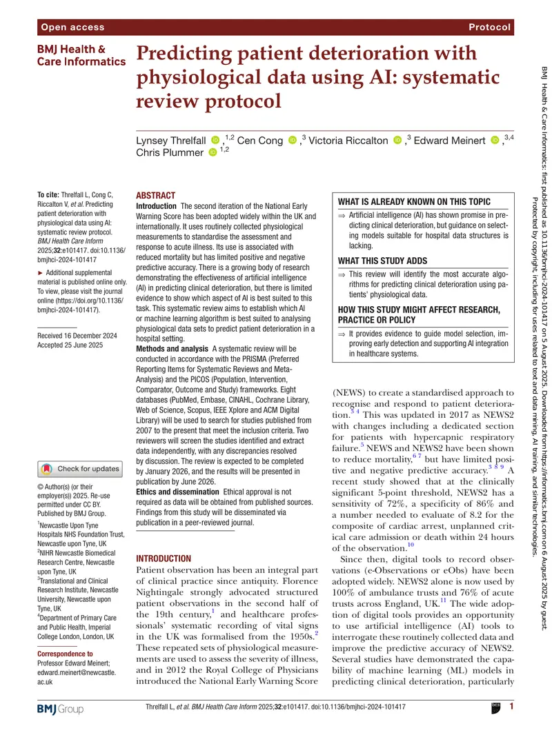 Predicting Patient Deterioration with AI: Systematic Review Protocol preview page 1