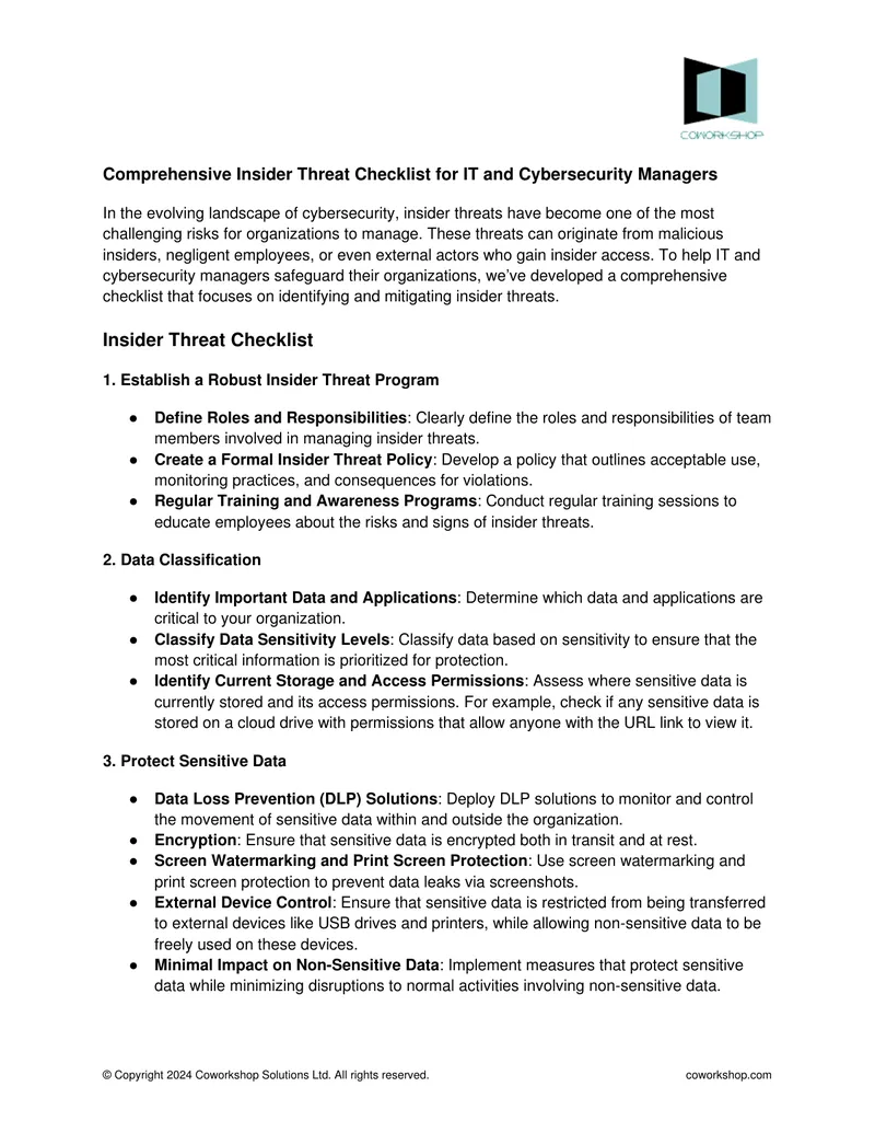 Comprehensive Insider Threat Checklist for IT and Cybersecurity Managers preview page 1