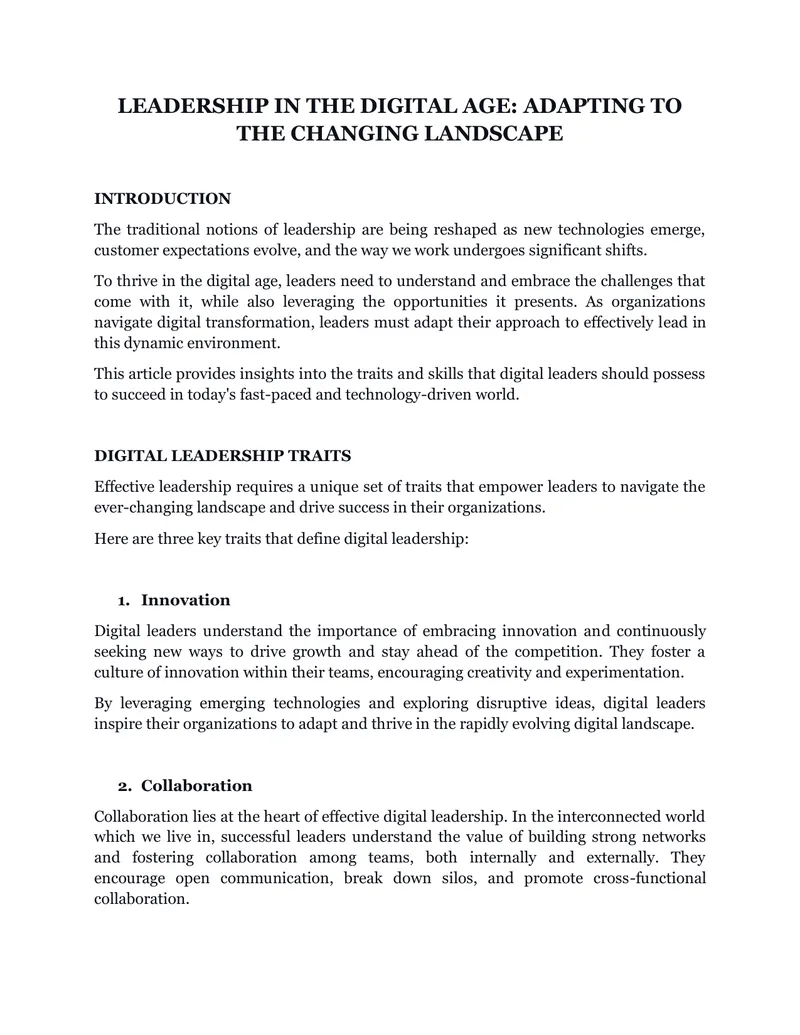 Digital Leadership Traits and Skills for Success preview page 1