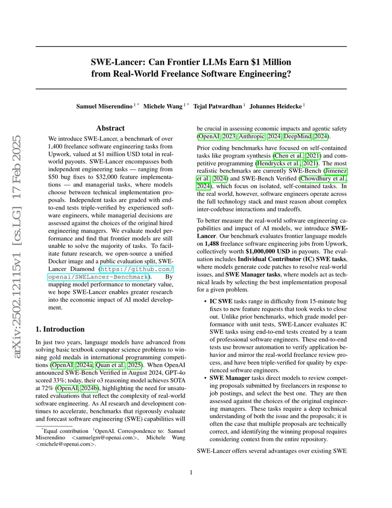 SWE-Lancer Benchmark for Freelance Software Engineering Tasks preview page 1